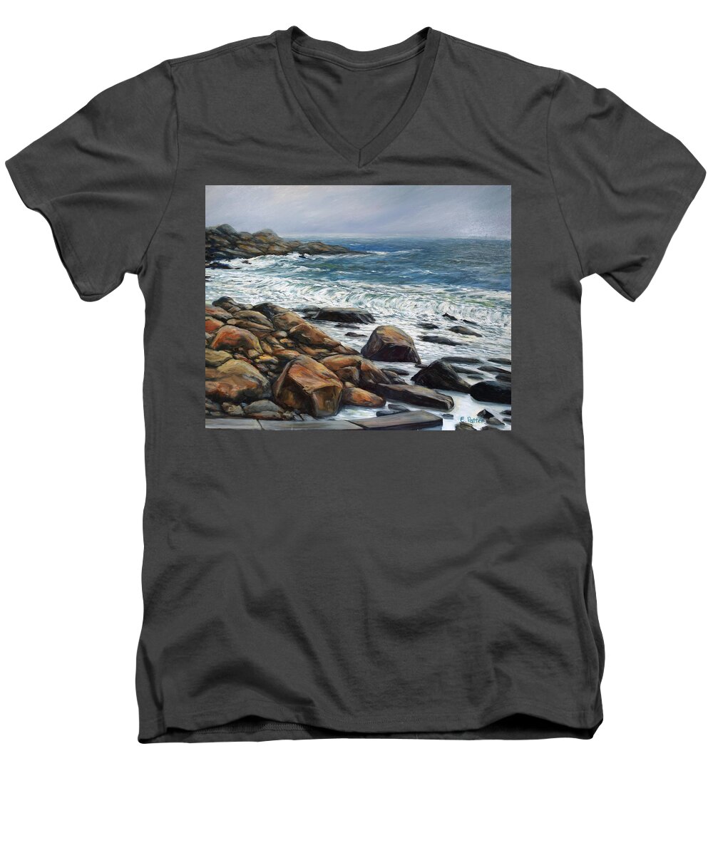 Beach Men's V-Neck T-Shirt featuring the painting Spring Storm Old Garden Beach Rockport MA by Eileen Patten Oliver