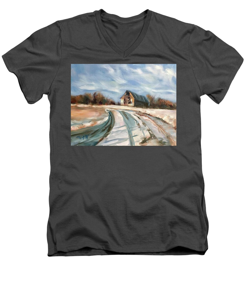Red Barn Men's V-Neck T-Shirt featuring the painting Still Standing by Laura Toth