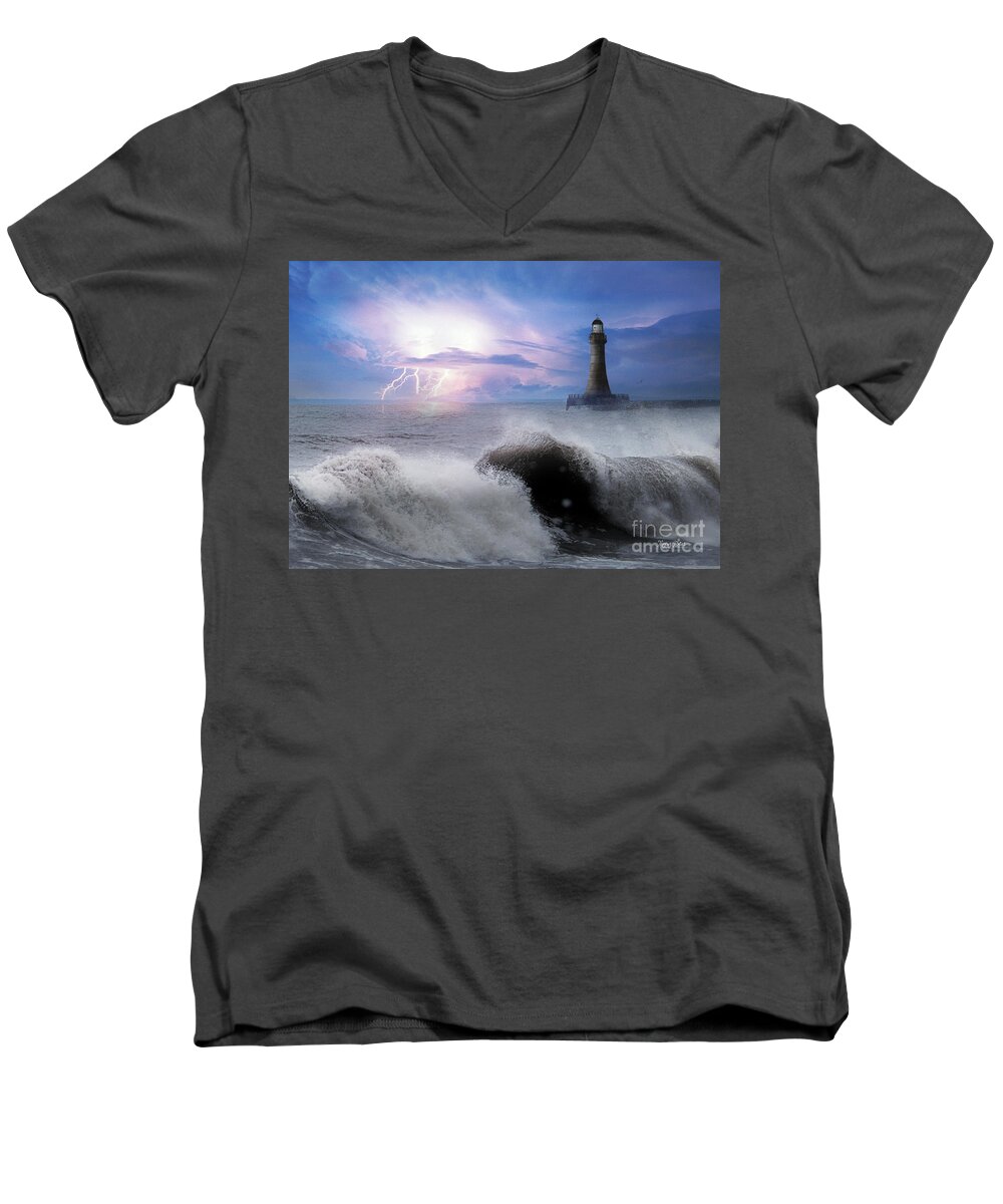 The North Sea Men's V-Neck T-Shirt featuring the mixed media Storm on The North Sea by Morag Bates