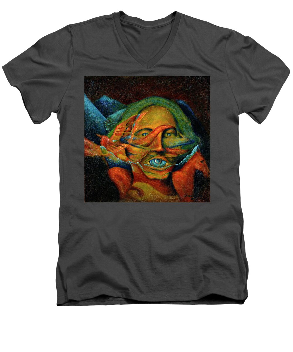 Native American Men's V-Neck T-Shirt featuring the painting Storyteller by Kevin Chasing Wolf Hutchins