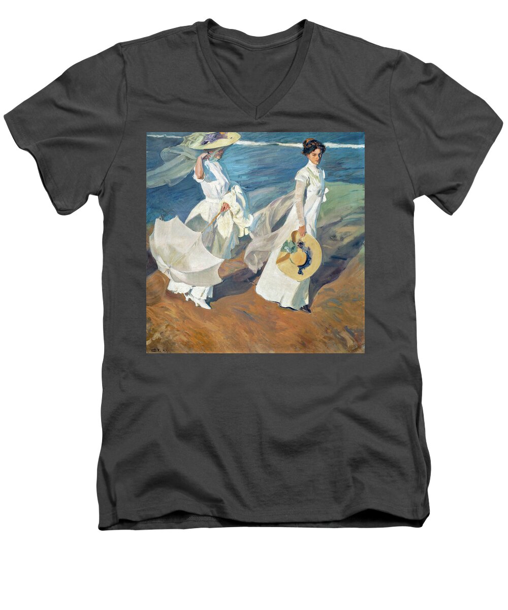 Joaquín Sorolla Y Bastida Men's V-Neck T-Shirt featuring the painting Strolling along the Seashore by Joaquin Sorolla y Bastida by Joaquin Sorolla y Bastida