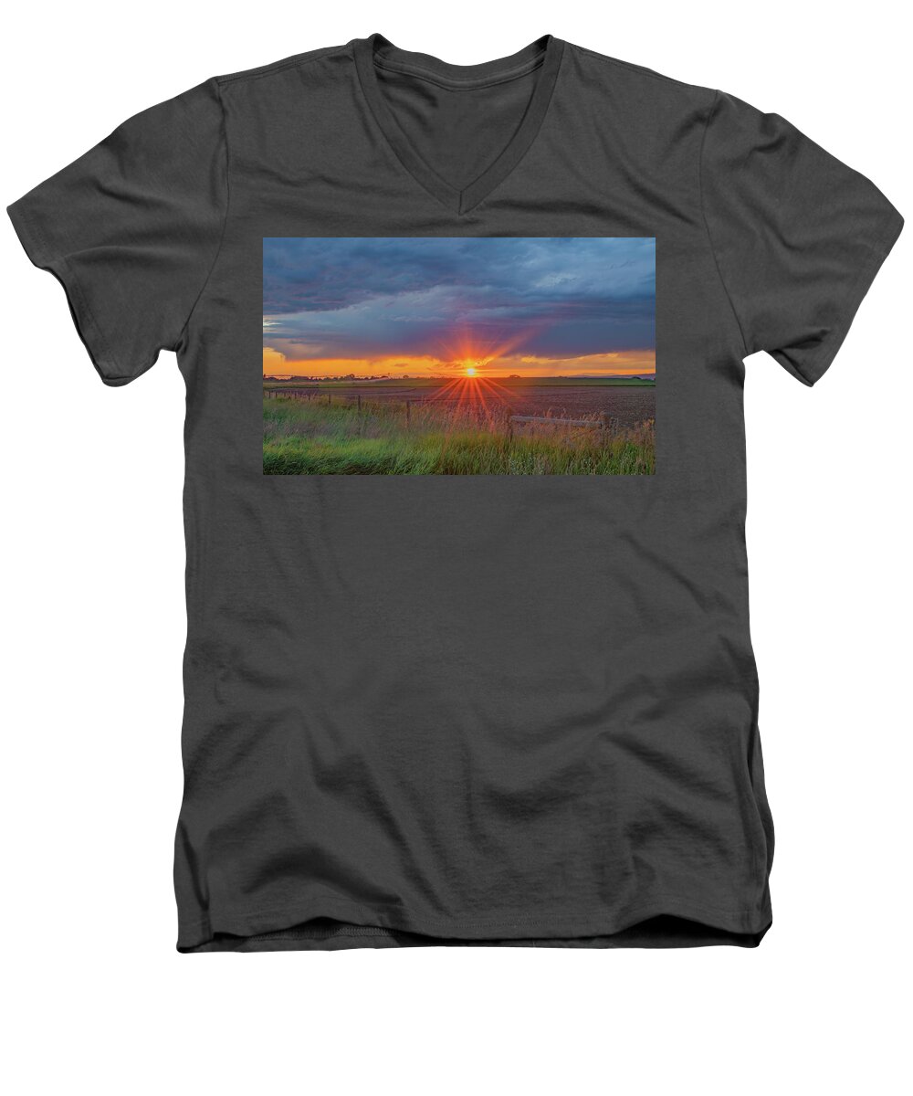 Sunset Men's V-Neck T-Shirt featuring the photograph Summer Sunset on the Farm, Textured by Marcy Wielfaert
