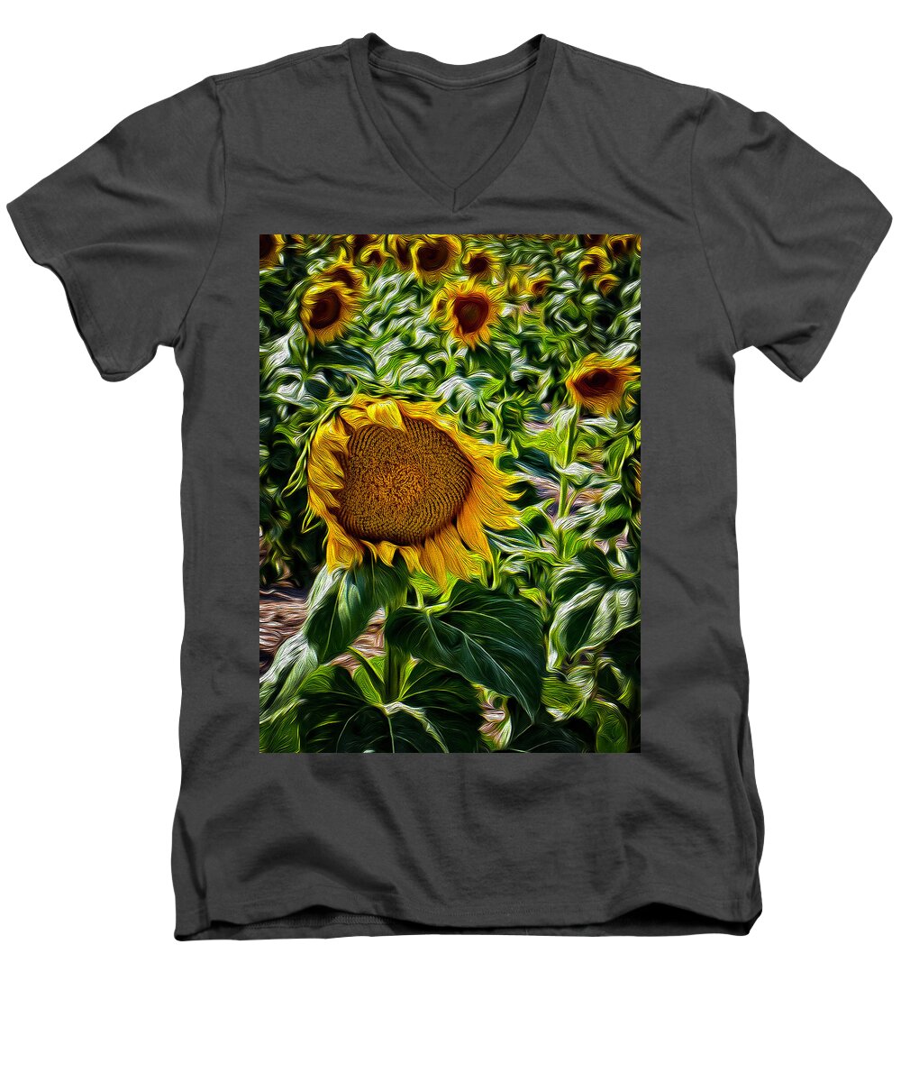 Country Men's V-Neck T-Shirt featuring the digital art Sunflower's Bliss by Michael Gross