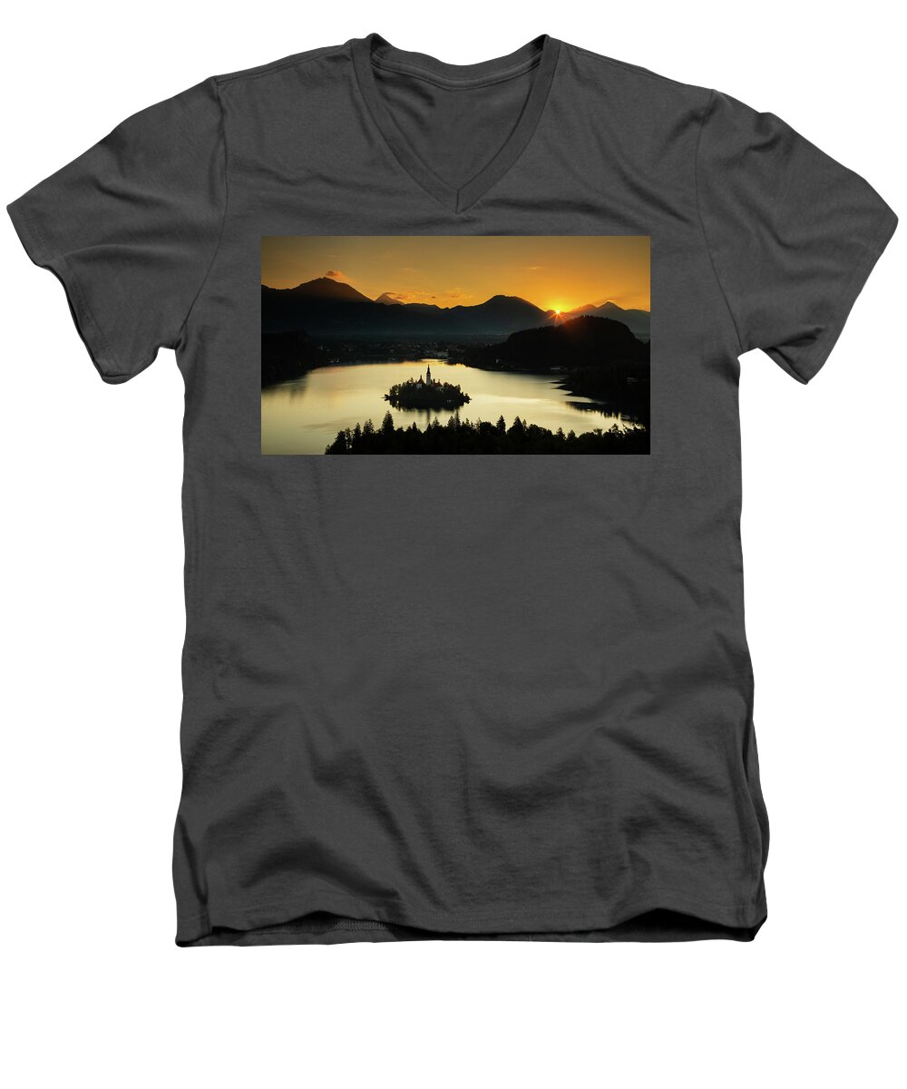 Bled Men's V-Neck T-Shirt featuring the photograph Sunrise over Lake Bled from Ojstrica by Ian Middleton