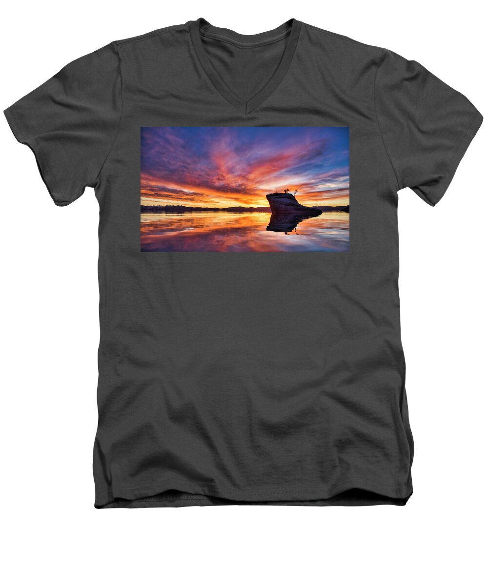 Lake Men's V-Neck T-Shirt featuring the photograph Tahoe Sunset Silhouette by Martin Gollery