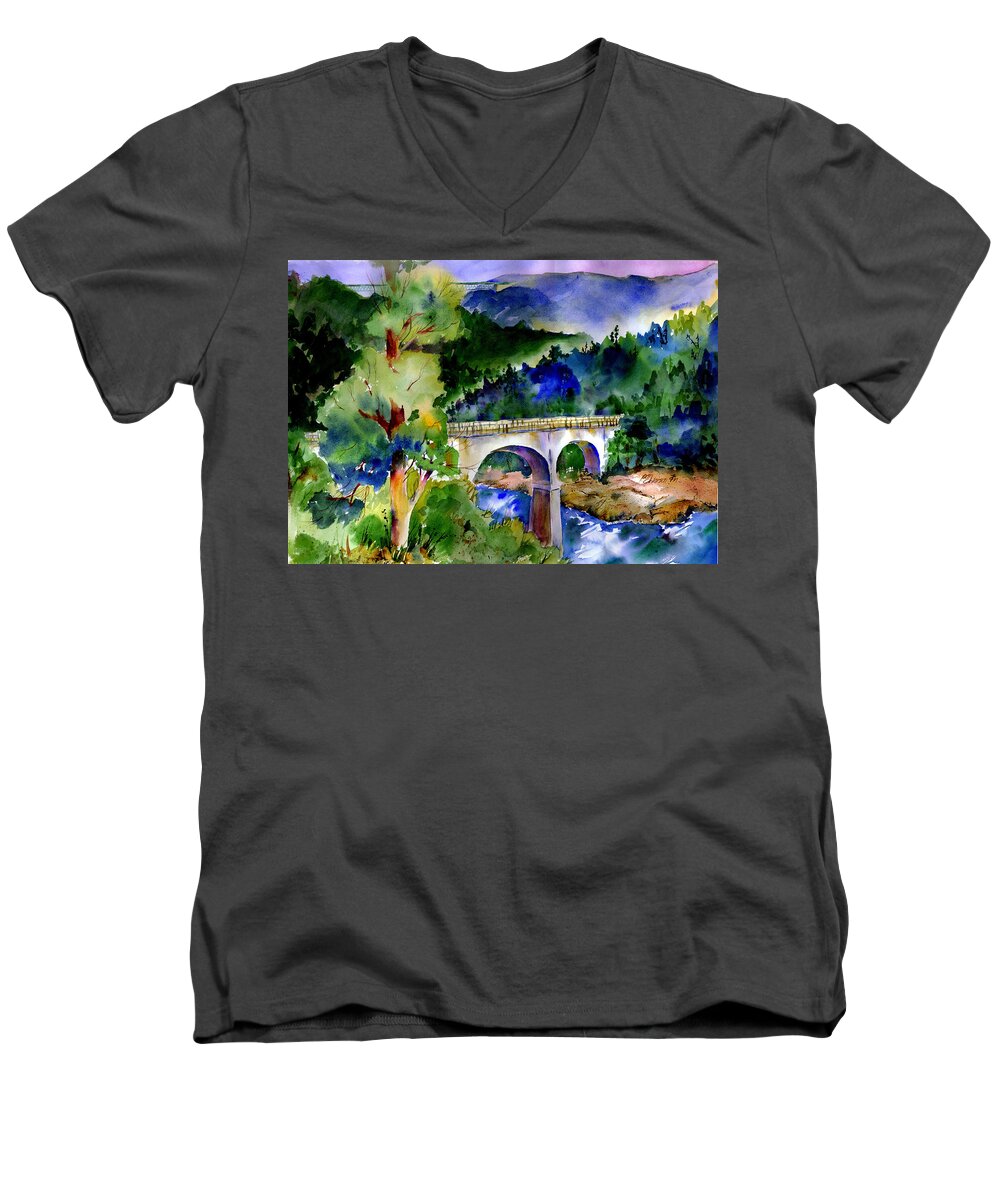 No Hands Bridge Men's V-Neck T-Shirt featuring the painting Tale of Two Bridges by Joan Chlarson