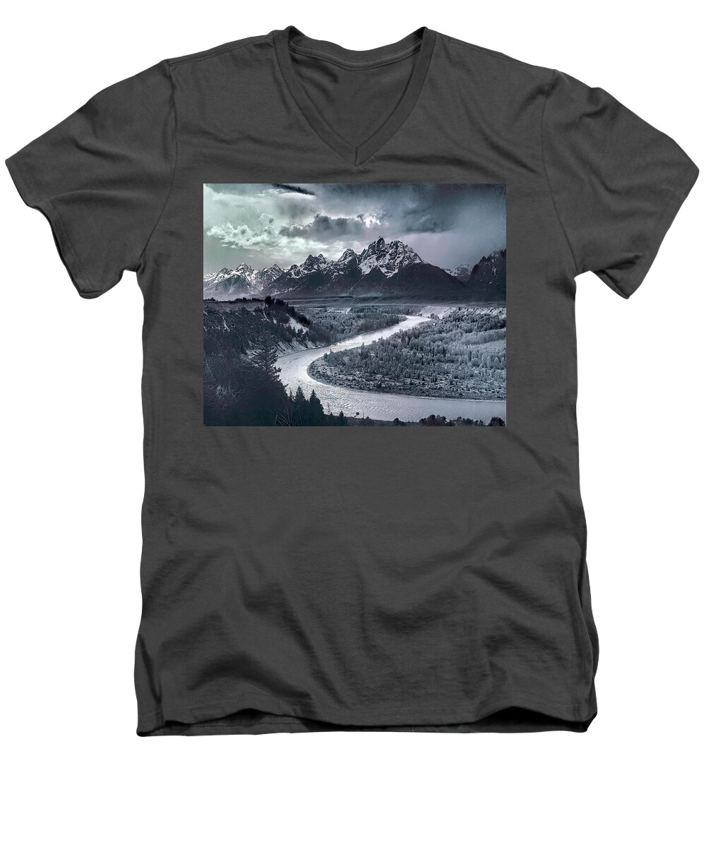 Tetons And The Snake River Men's V-Neck T-Shirt featuring the digital art Tetons And The Snake River by Ansel Adams