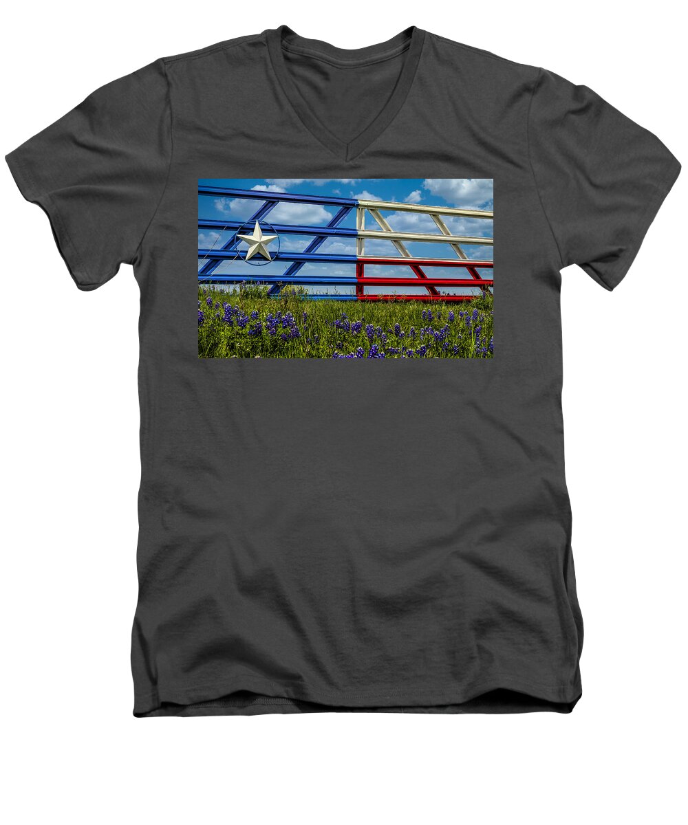 Texas Men's V-Neck T-Shirt featuring the photograph Texas Flag Painted Gate with Blue Bonnets by Robert Bellomy