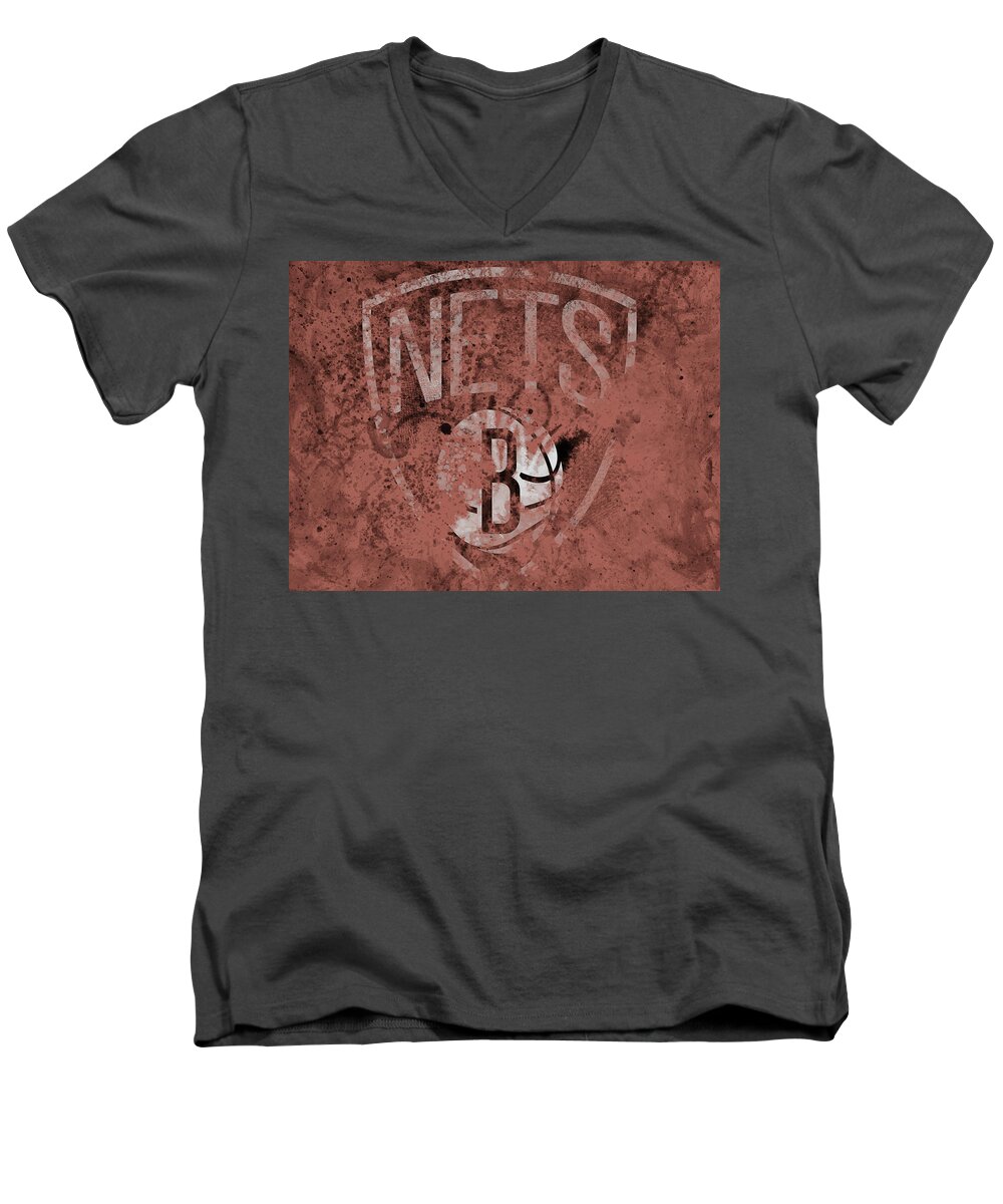 Brooklyn Nets Men's V-Neck T-Shirt featuring the mixed media The Brooklyn Nets 1a by Brian Reaves
