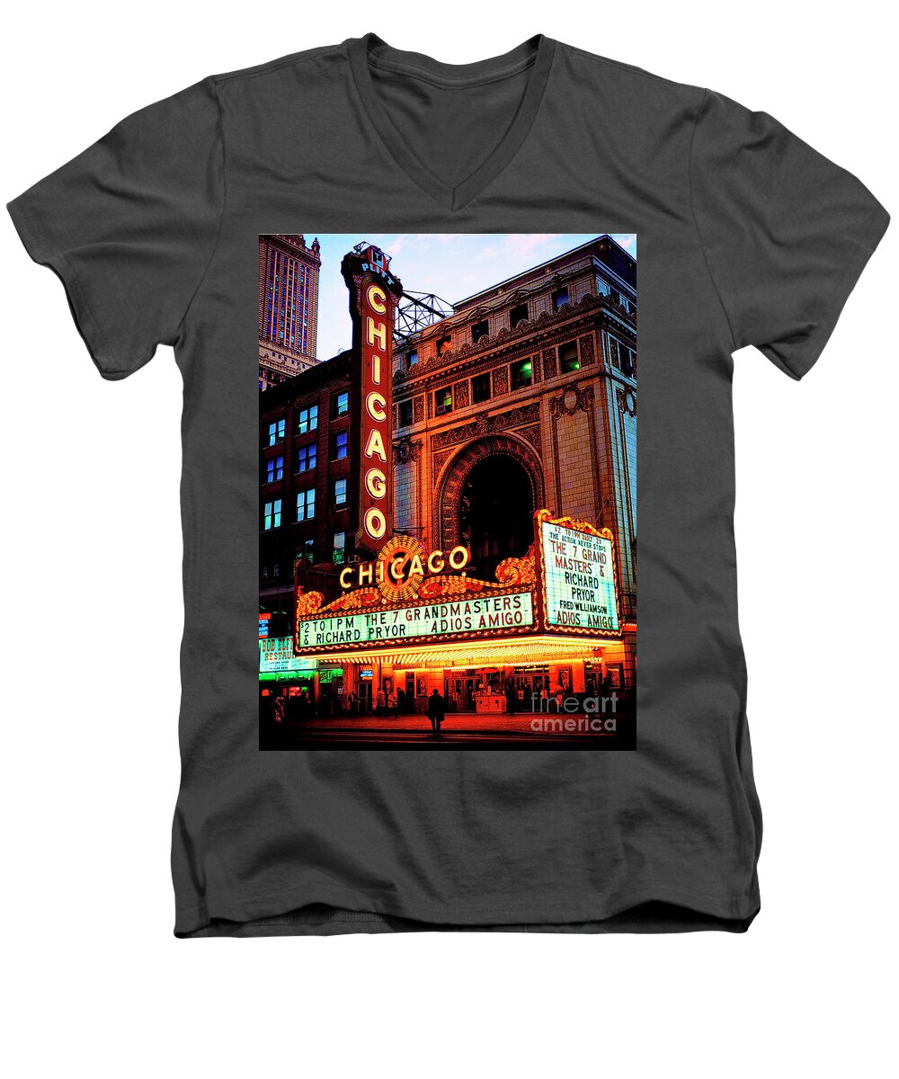 Cinemas Men's V-Neck T-Shirt featuring the photograph The Chicago Theatre by Tom Jelen