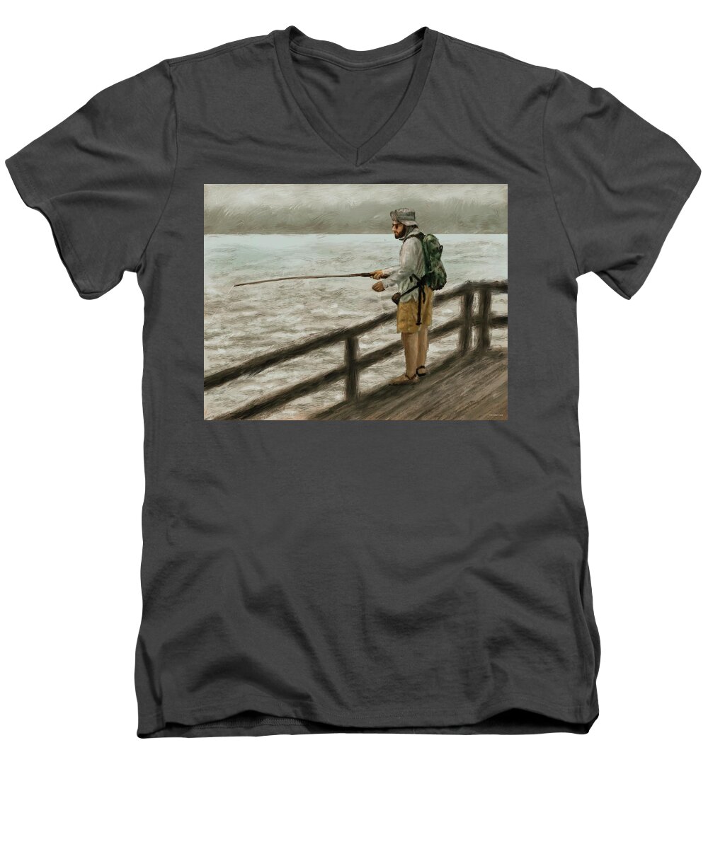 Fishing Men's V-Neck T-Shirt featuring the digital art The Fisherman by Larry Whitler