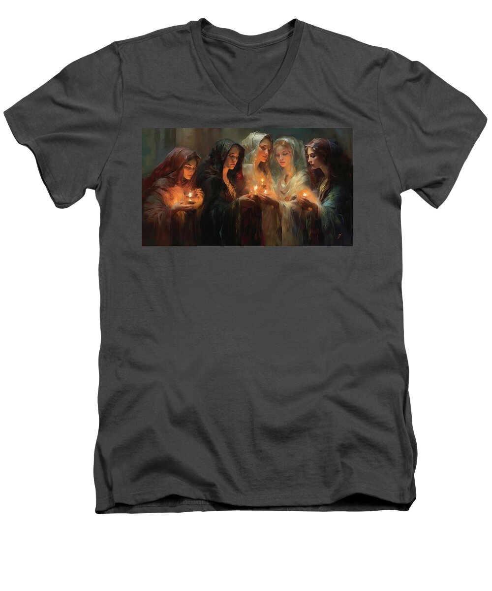 The Five Wise Virgins Men's V-Neck T-Shirt featuring the painting The Five Wise Virgins by Greg Collins