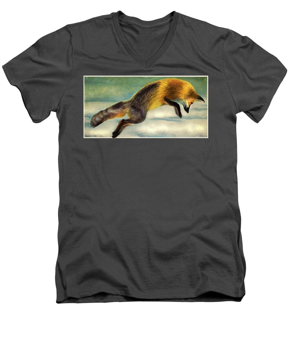 Fox Men's V-Neck T-Shirt featuring the painting The Fox Hop by Kevin Chasing Wolf Hutchins