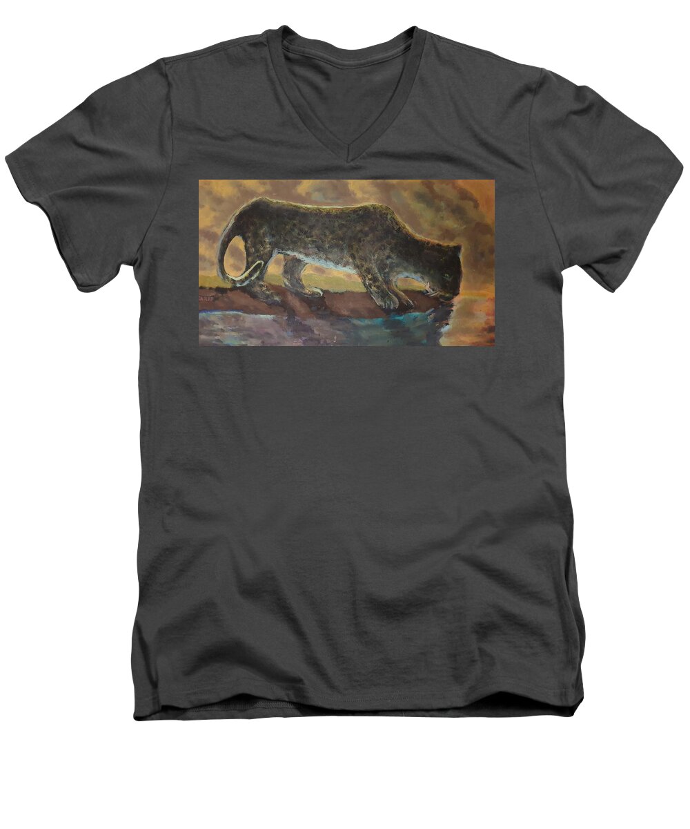 Leopard Men's V-Neck T-Shirt featuring the painting The Leopard by Enrico Garff