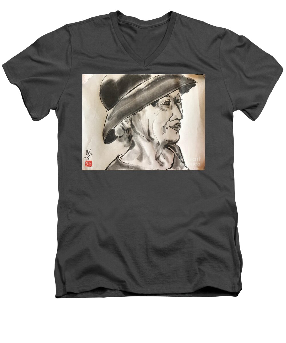 Japanese Men's V-Neck T-Shirt featuring the painting The Portrait of the Mother by Fumiyo Yoshikawa