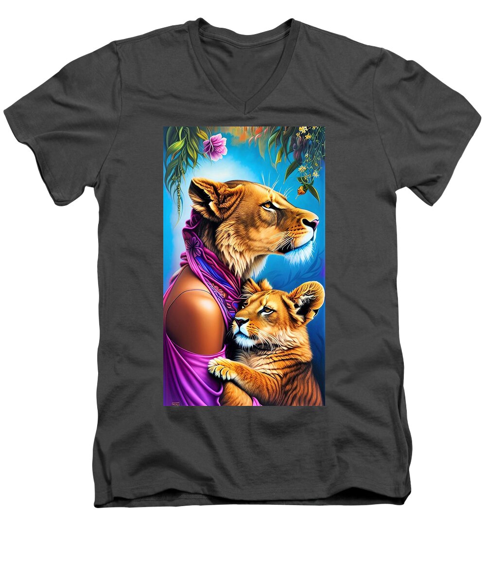 Lioness Men's V-Neck T-Shirt featuring the digital art A I The Protector and Defender by Denise F Fulmer