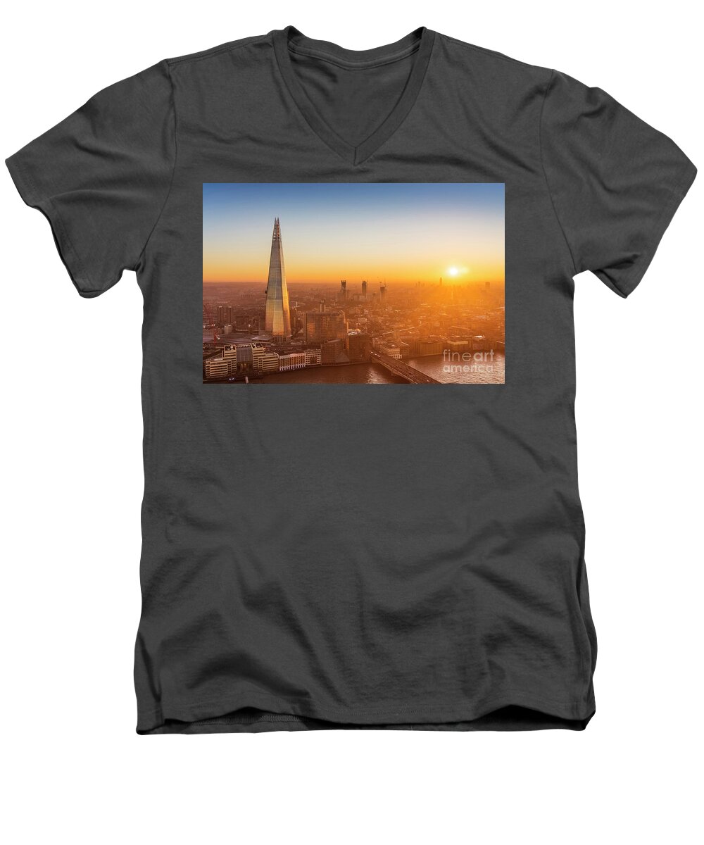 London Men's V-Neck T-Shirt featuring the photograph The Shard at sunset, London, England by Neale And Judith Clark