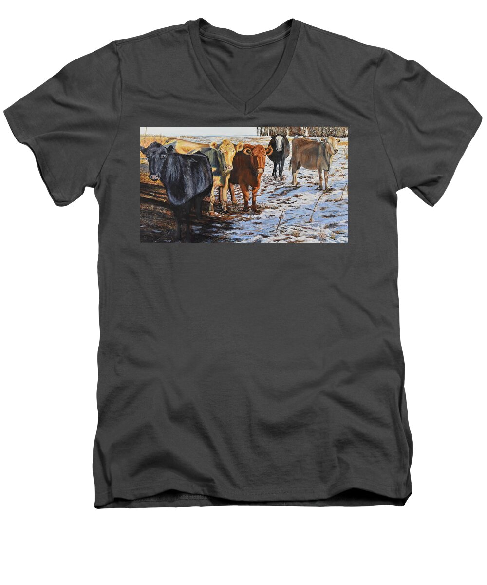 Cows Men's V-Neck T-Shirt featuring the painting The Stare Down by Marilyn McNish