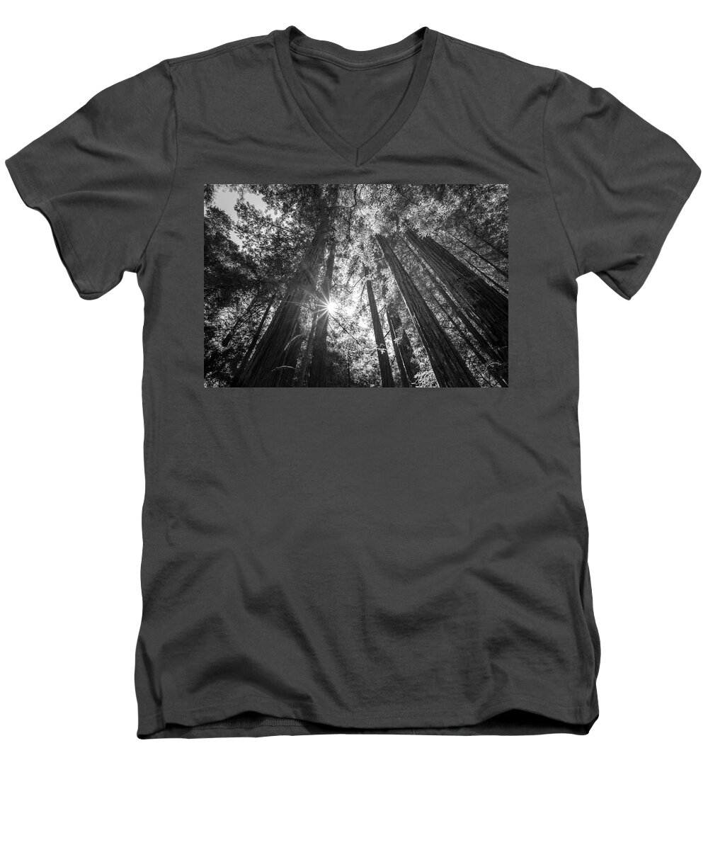 Santa Cruz Men's V-Neck T-Shirt featuring the photograph The Tallest Redwoods Monochrome by Joseph S Giacalone