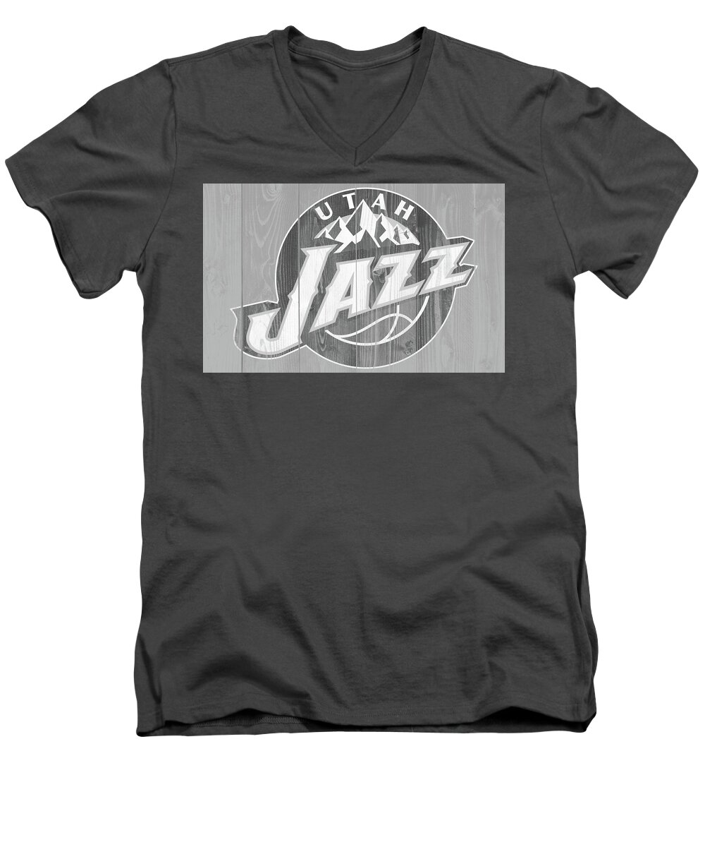 The Utah Jazz Men's V-Neck T-Shirt featuring the mixed media The Utah Jazz 1L by Brian Reaves