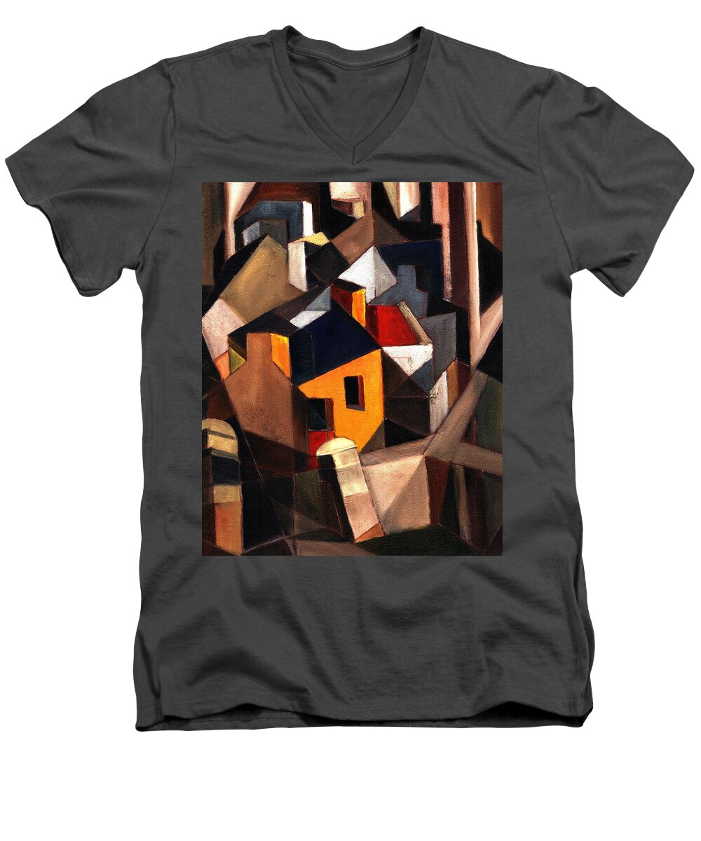  Men's V-Neck T-Shirt featuring the painting The Yellow House by Val Byrne