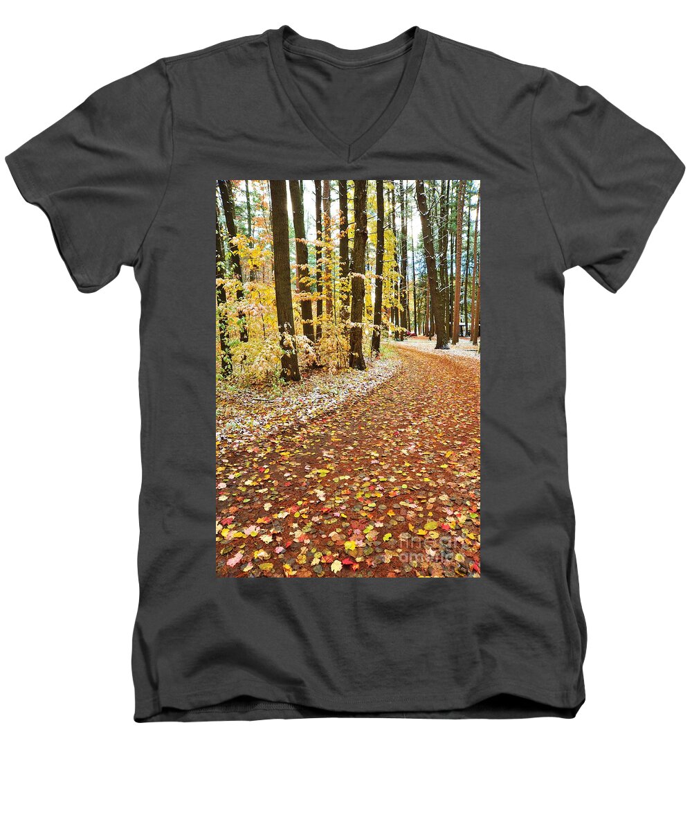 Autumn Men's V-Neck T-Shirt featuring the photograph They All Fall Down 3 #2 by Terri Gostola