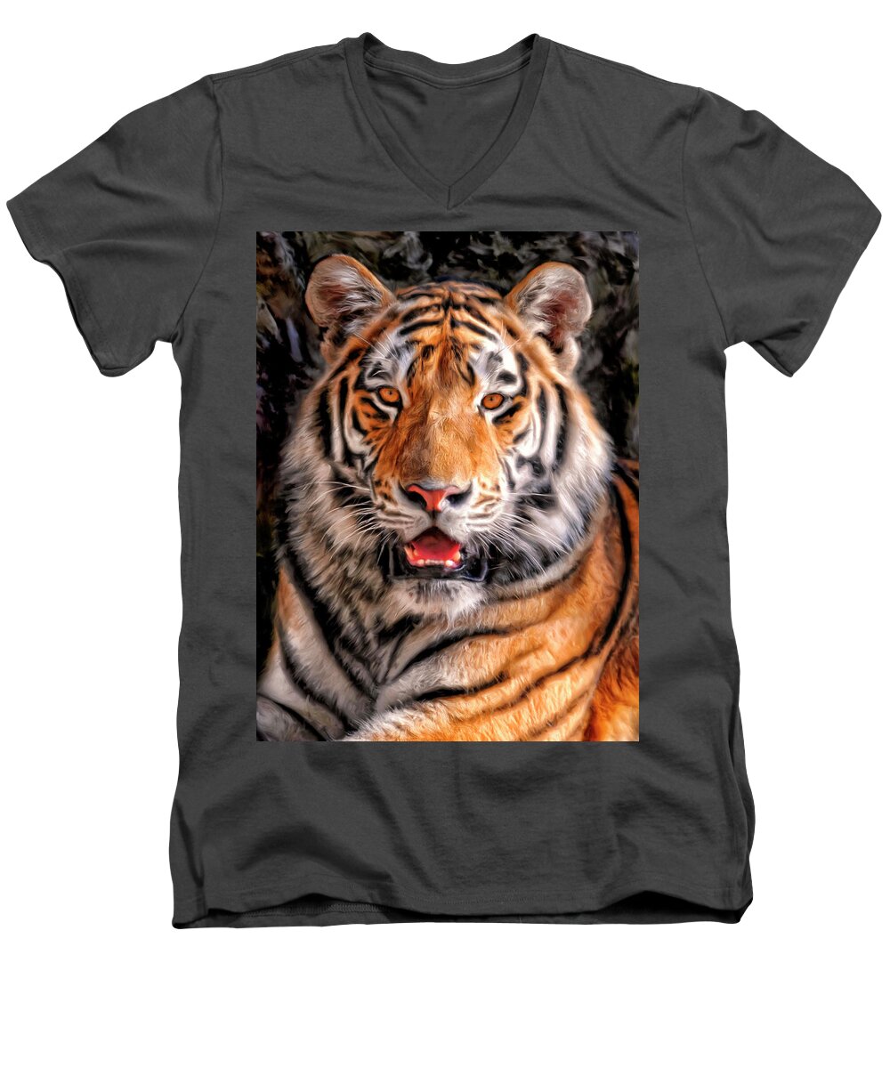 Tiger Men's V-Neck T-Shirt featuring the painting Tiger by Dominic Piperata