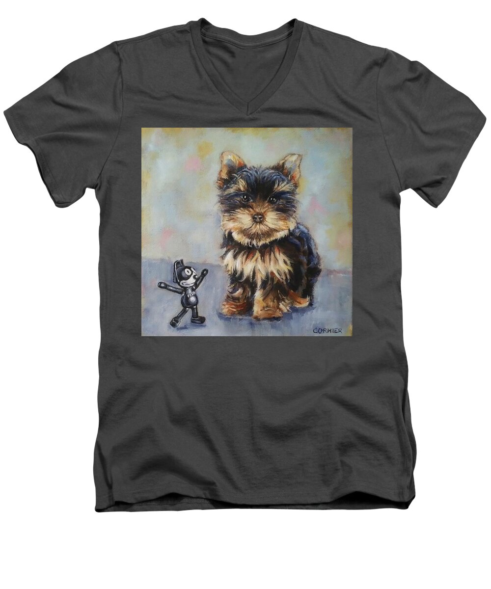 Yorkie Men's V-Neck T-Shirt featuring the painting Toy VS Toy by Jean Cormier