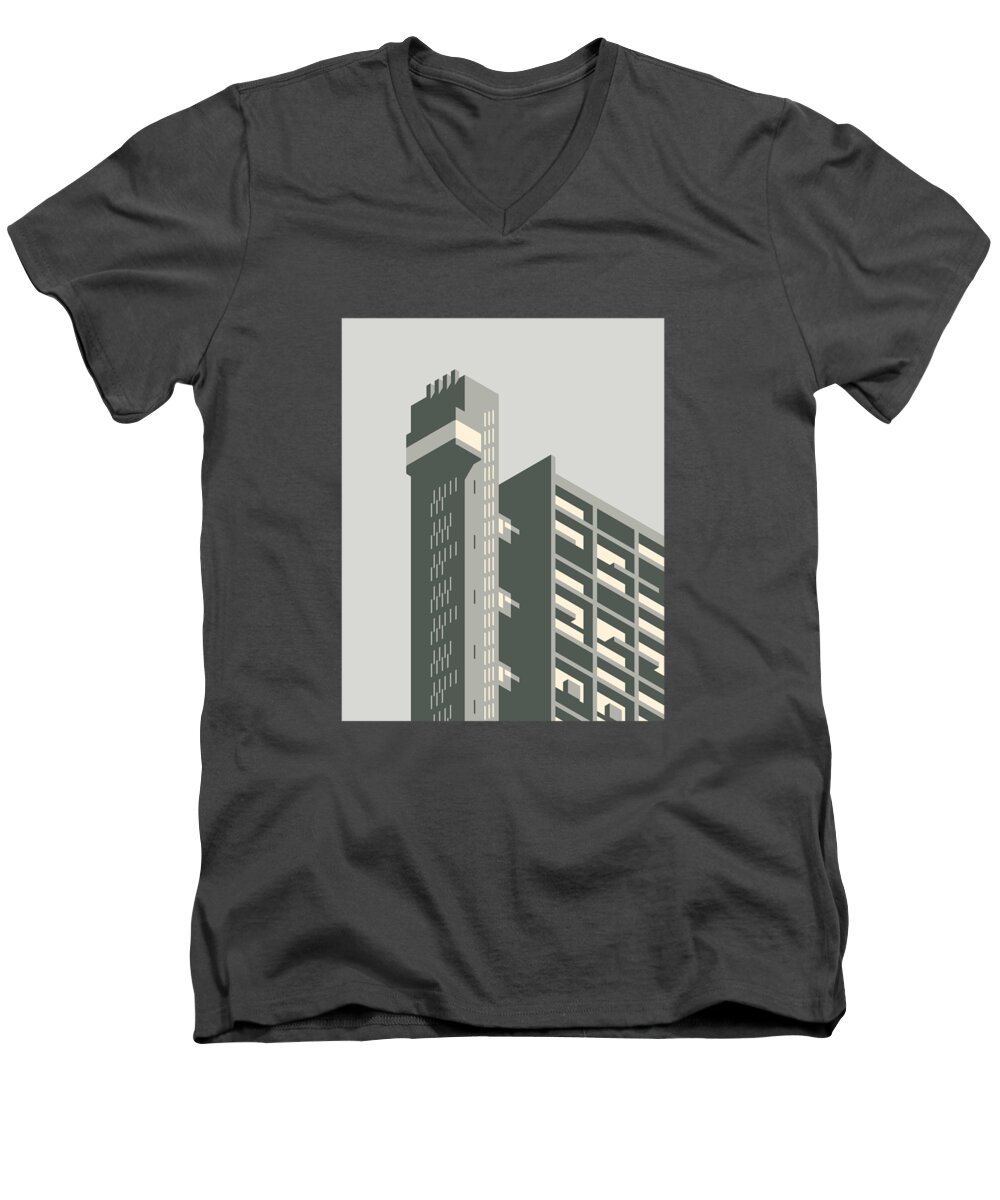 Trellick Men's V-Neck T-Shirt featuring the digital art Trellick Tower London Brutalist Architecture - Grey by Organic Synthesis