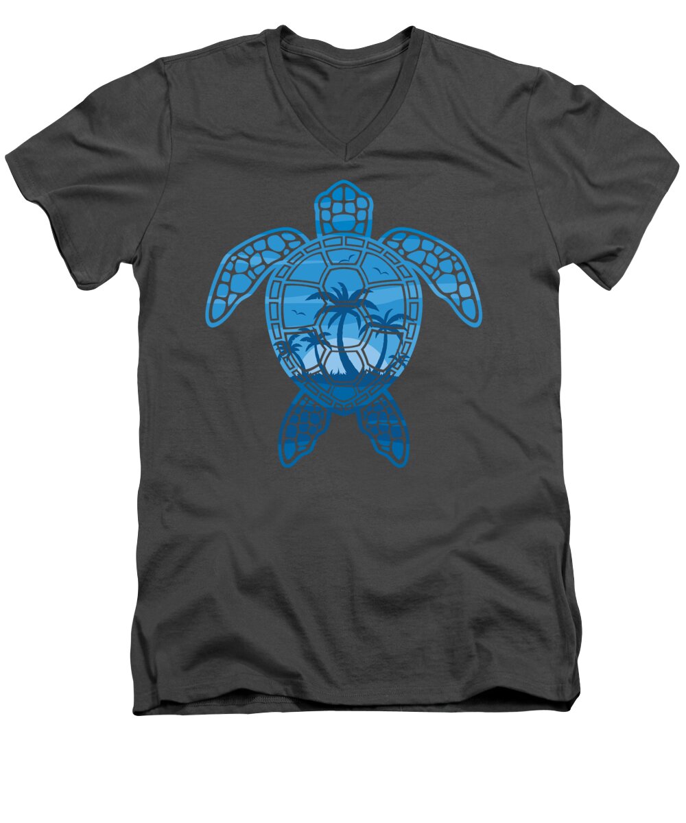 Blue Men's V-Neck T-Shirt featuring the digital art Tropical Island Sea Turtle Design in Blue by John Schwegel