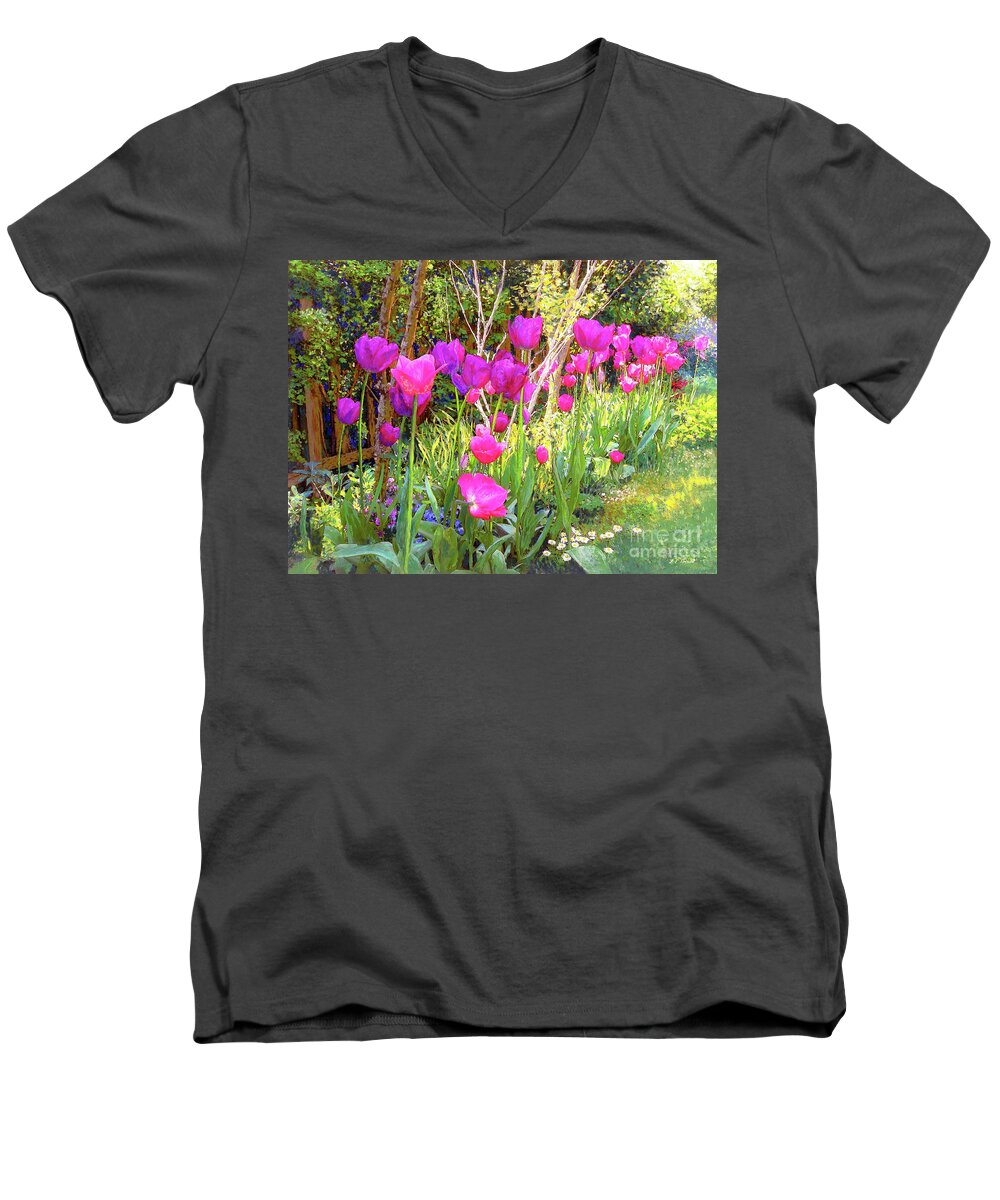 Landscape Men's V-Neck T-Shirt featuring the painting Tulip Beauties by Jane Small