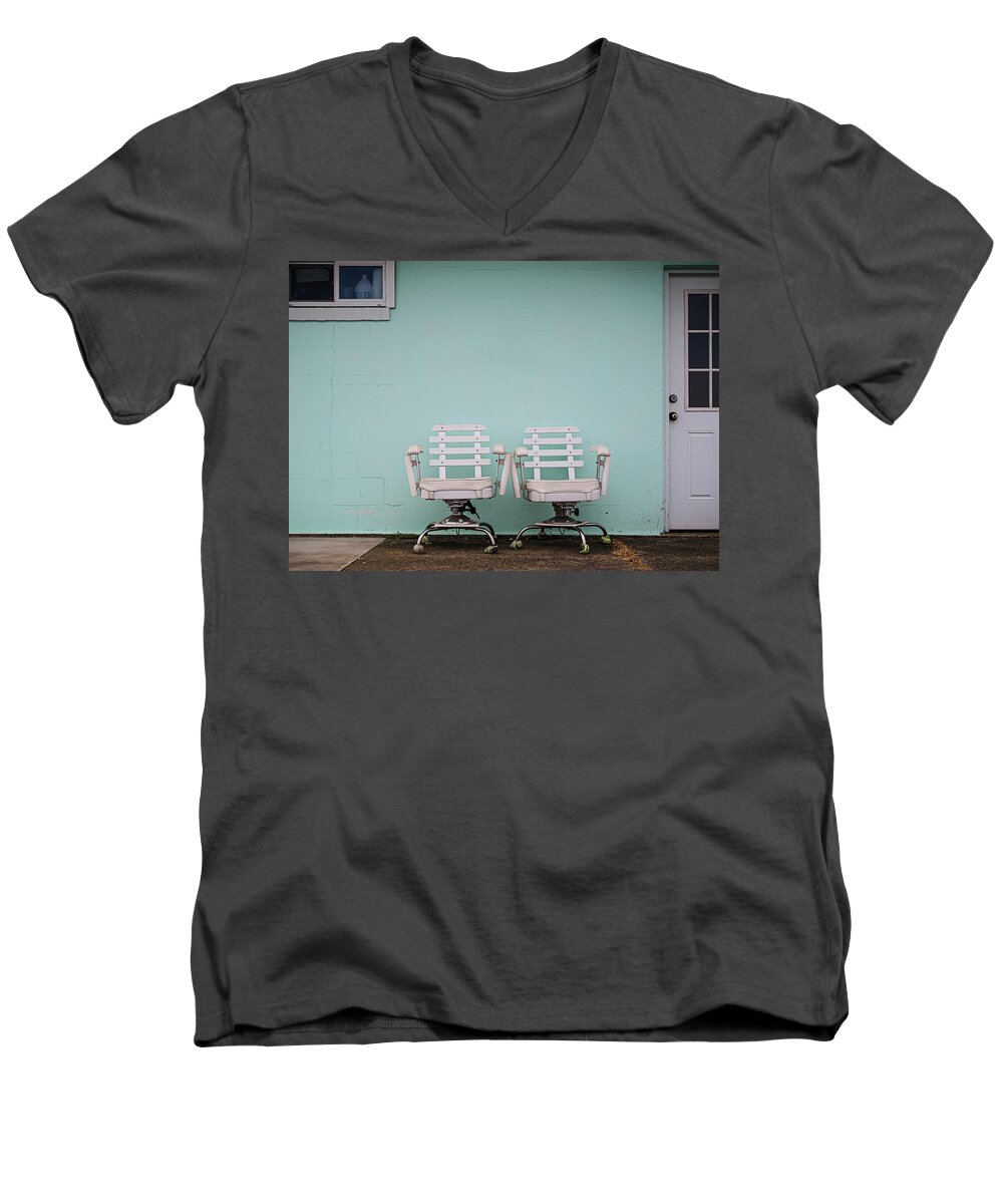 Fishing Men's V-Neck T-Shirt featuring the photograph Two White Chairs by Steve Stanger