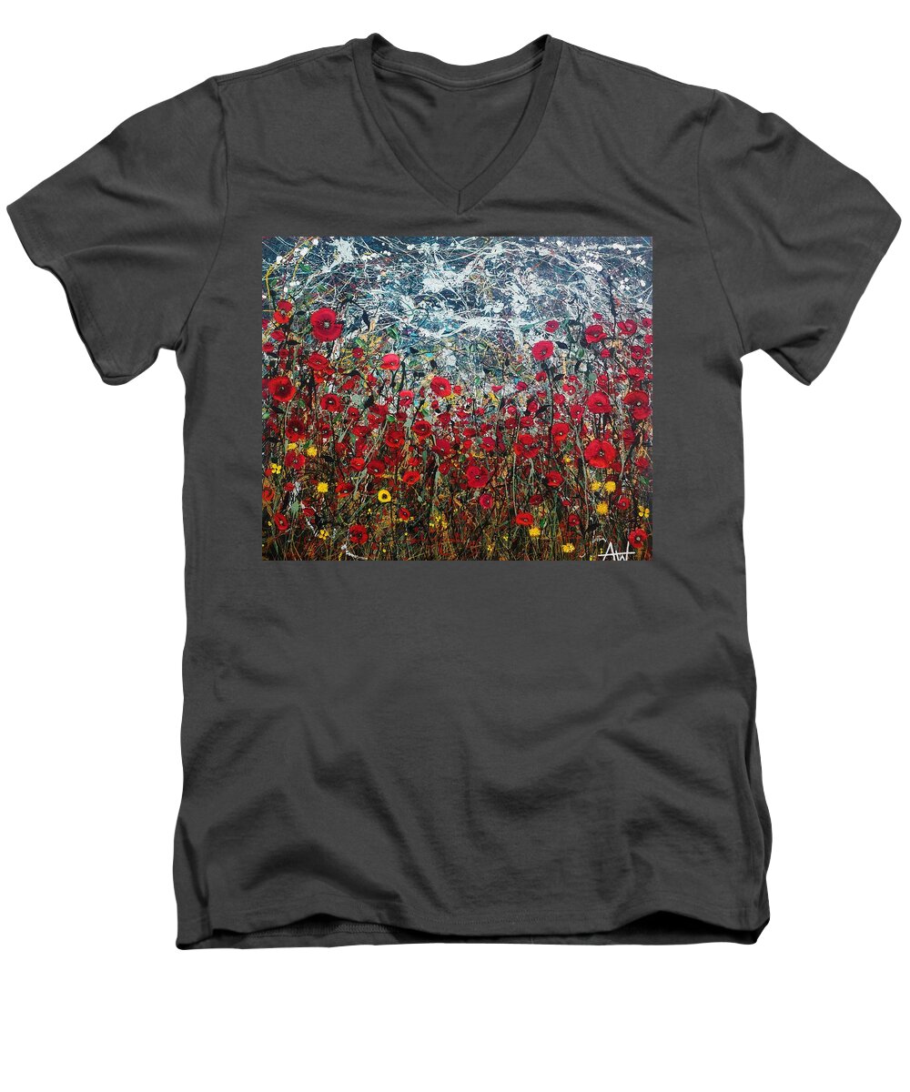 Poppy Men's V-Neck T-Shirt featuring the painting Under Stormy Skies by Angie Wright