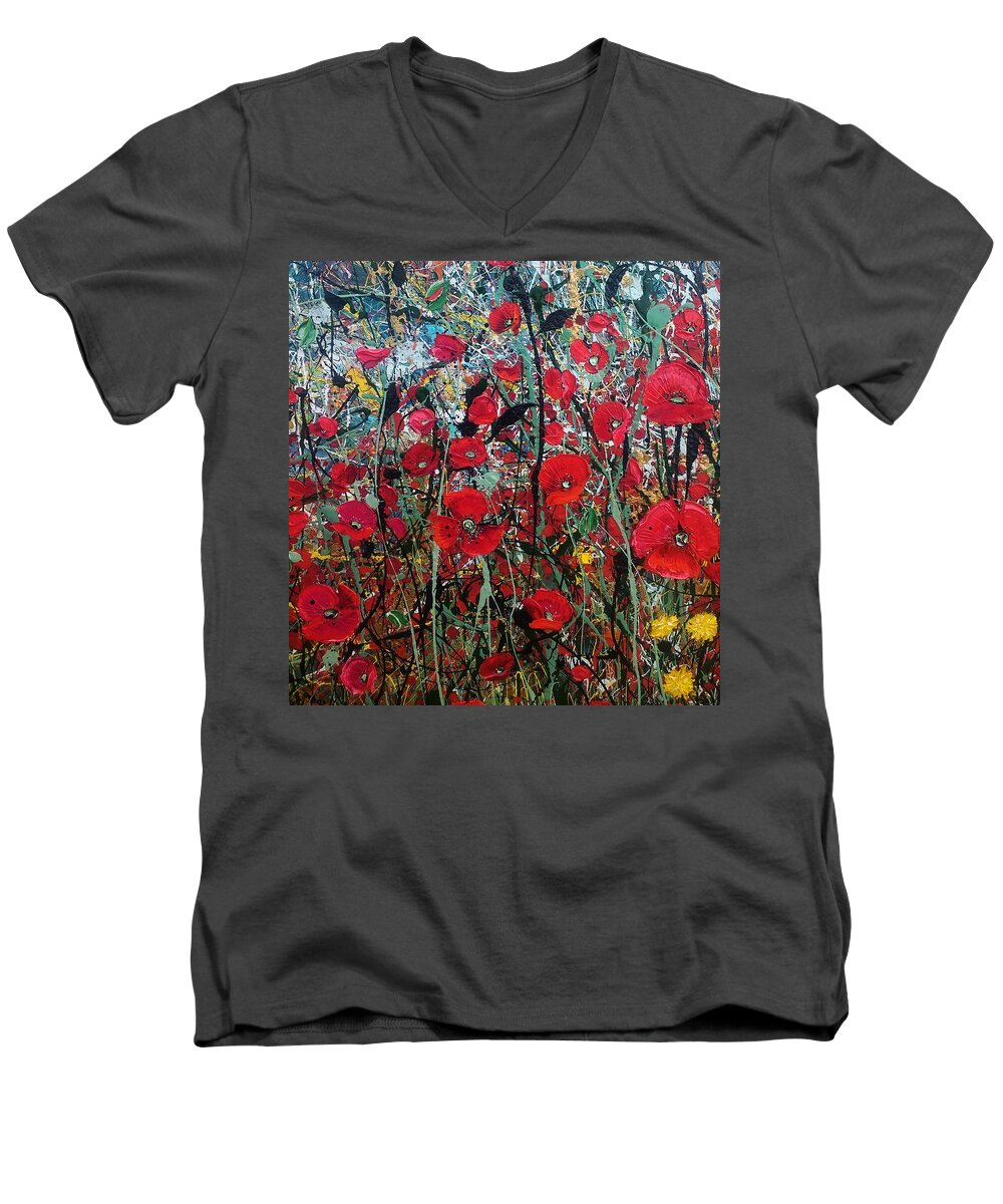 Poppy Men's V-Neck T-Shirt featuring the painting Under Stormy Skies - detail by Angie Wright