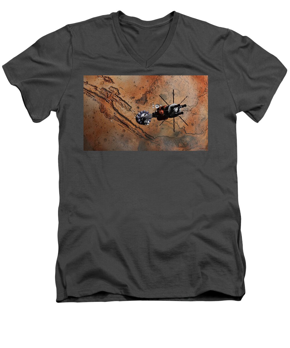 Spaceship Men's V-Neck T-Shirt featuring the digital art USS Hermes1 rendezvous over Valles Marineris  by David Robinson