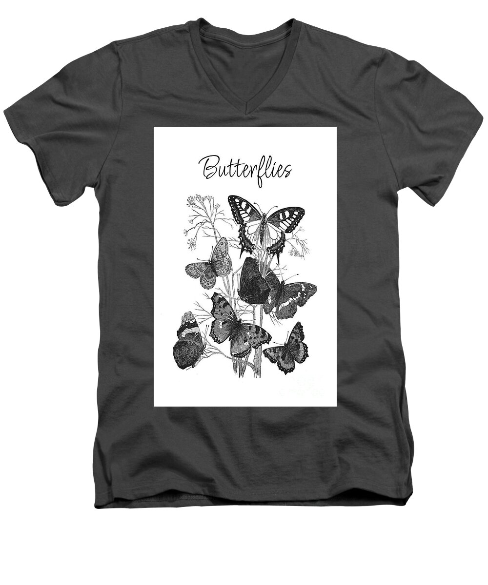 Black And White Men's V-Neck T-Shirt featuring the mixed media Vintage Butterflies by Tina LeCour