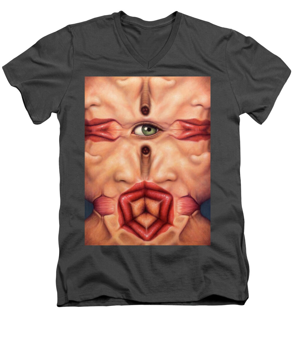 Green Men's V-Neck T-Shirt featuring the painting Voyeur by James W Johnson