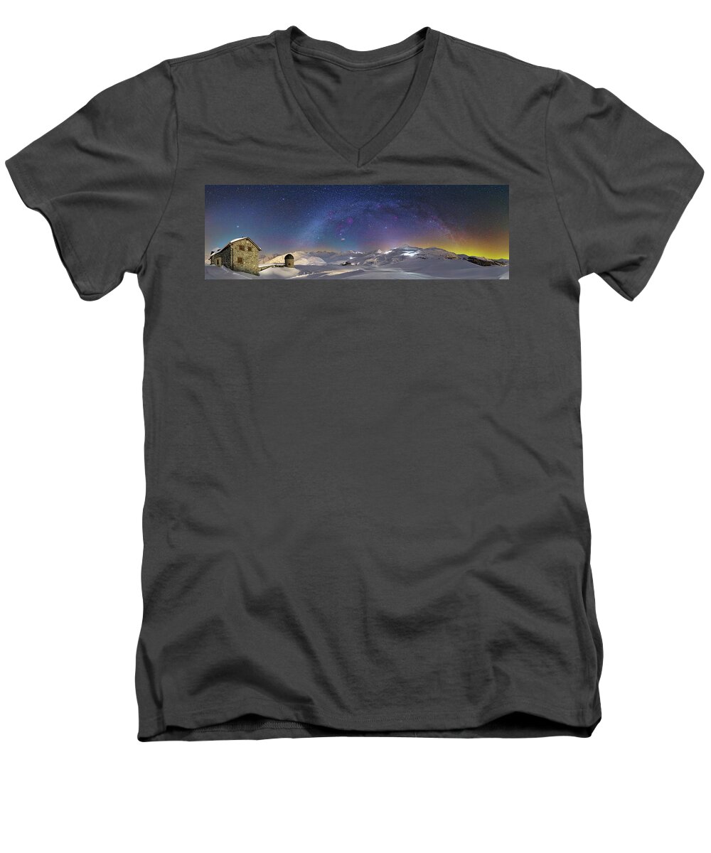 Mountains Men's V-Neck T-Shirt featuring the photograph Winter Skies over the Tschuggen Observatory by Ralf Rohner