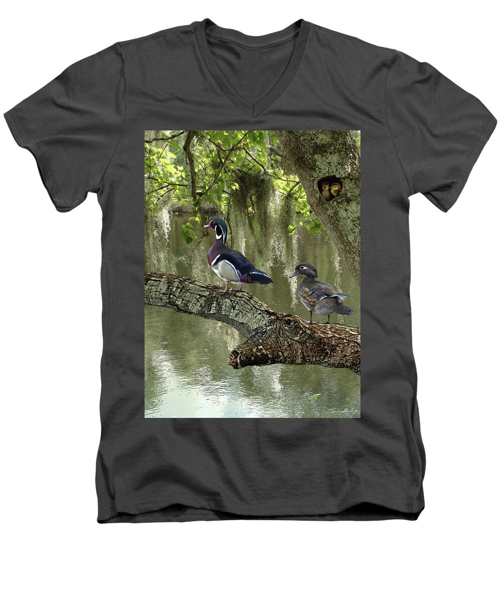 Ducks Men's V-Neck T-Shirt featuring the digital art Wood Ducks of Florida by M Spadecaller