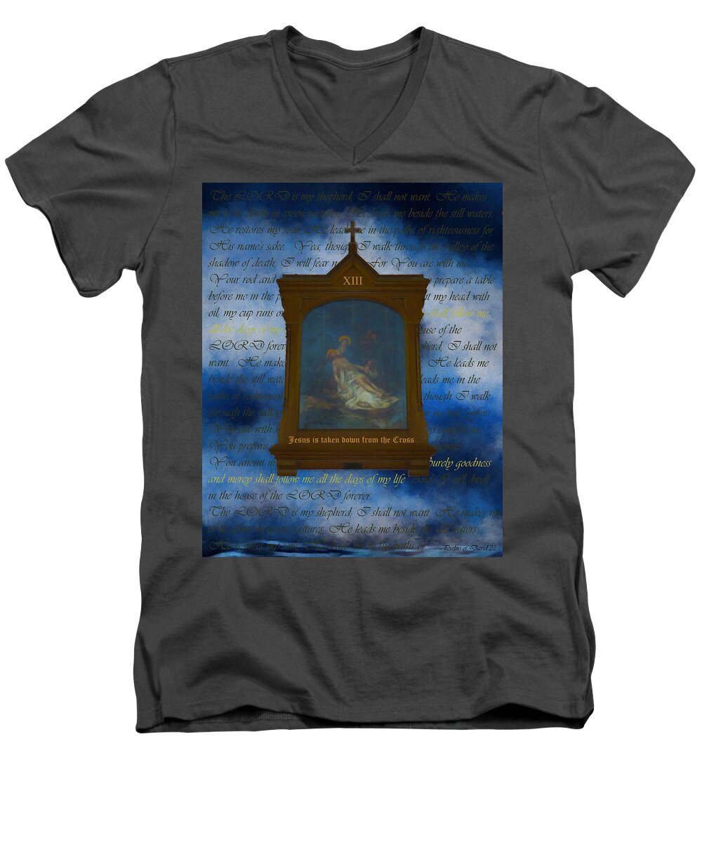 Easter Men's V-Neck T-Shirt featuring the digital art XIII Jesus Is Taken Down From The Cross by Joan Stratton