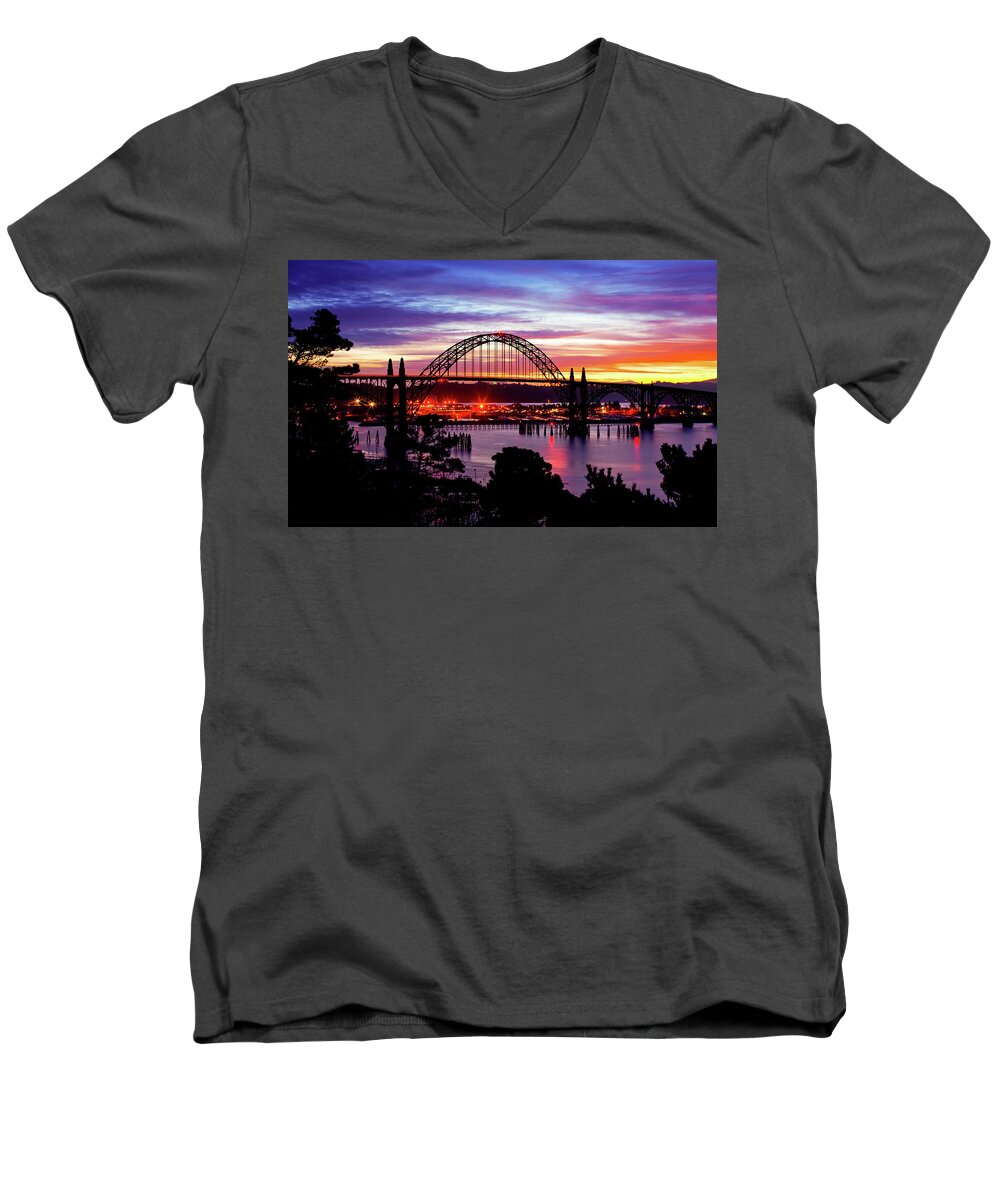 Oregon Men's V-Neck T-Shirt featuring the photograph Yaquina Bay Bridge Sunrise by Darren White