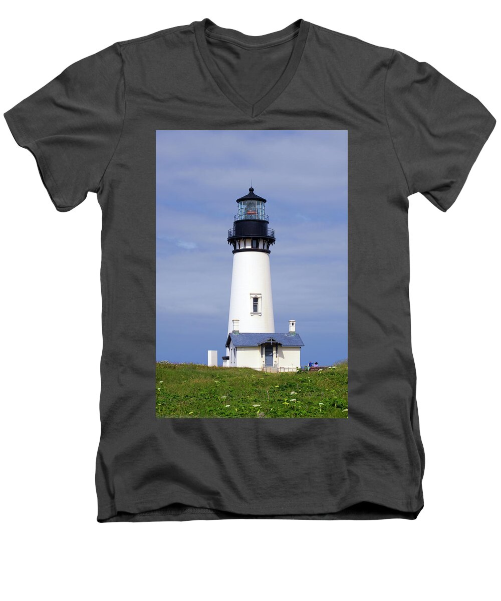 Photo Men's V-Neck T-Shirt featuring the photograph Yaquina Head Lighthouse by Greg Sigrist