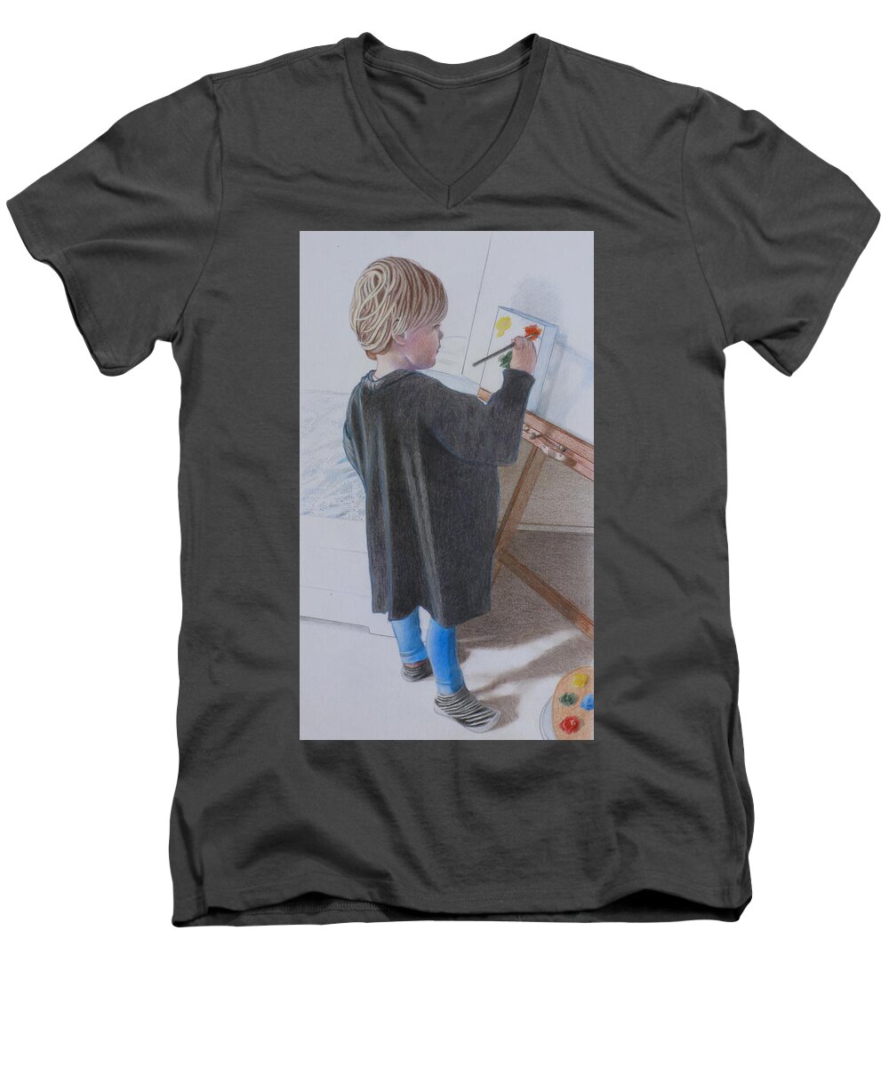 Boy Men's V-Neck T-Shirt featuring the painting Youthful Picasso by Constance DRESCHER