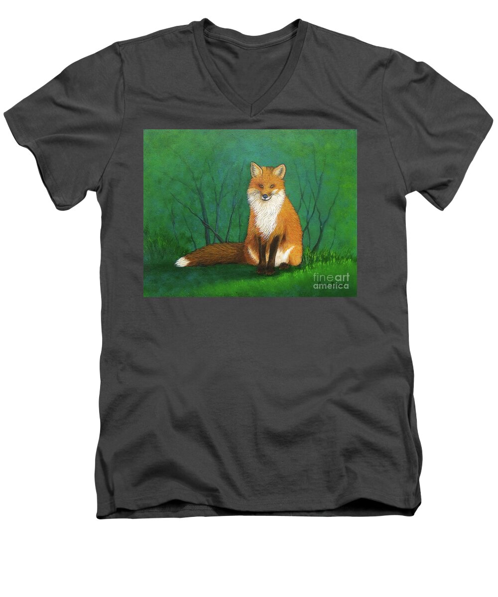 Zilpha's Men's V-Neck T-Shirt featuring the painting Zilpha's Fox by Sarah Irland