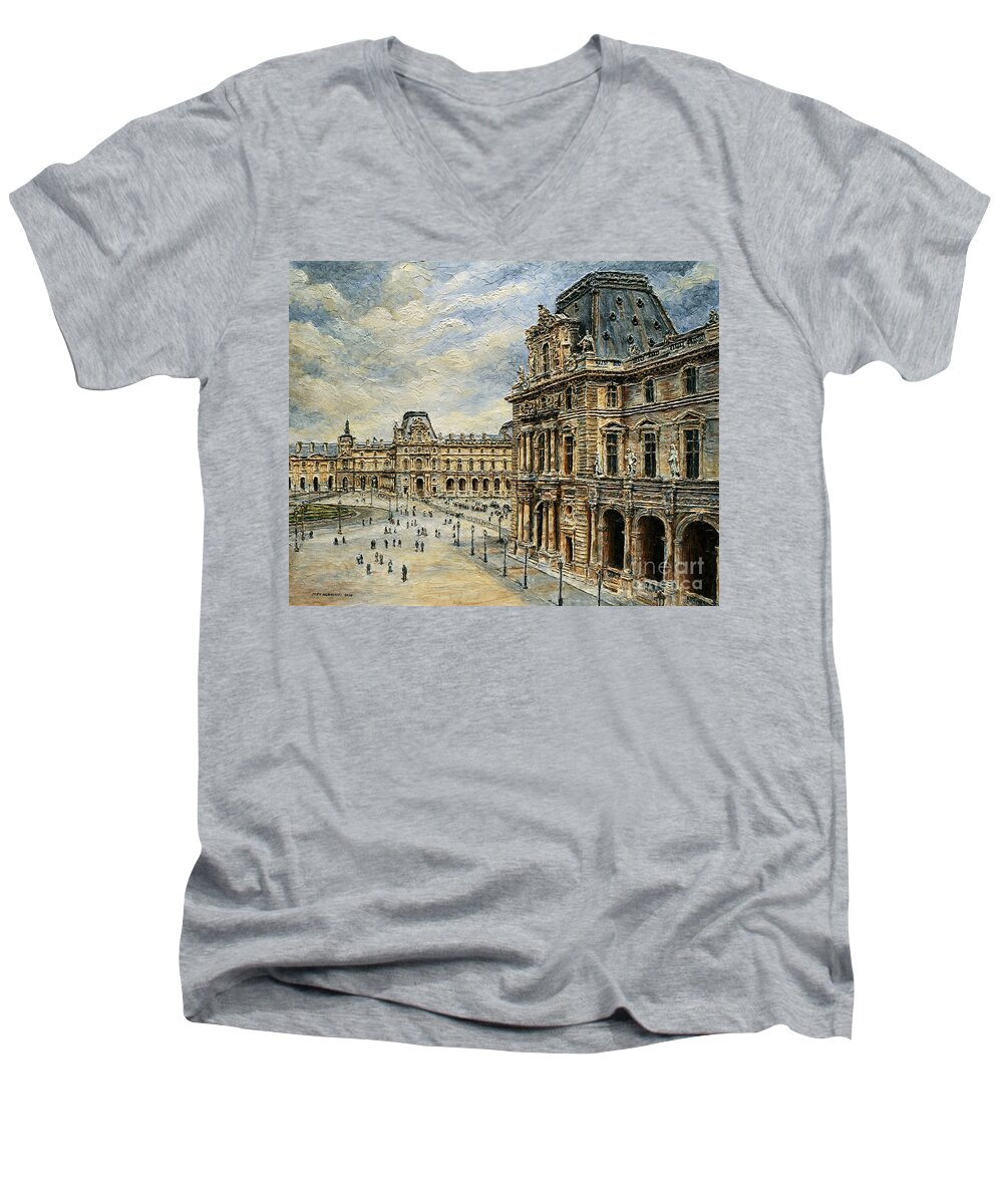 Museum Men's V-Neck T-Shirt featuring the painting The Louvre Museum by Joey Agbayani