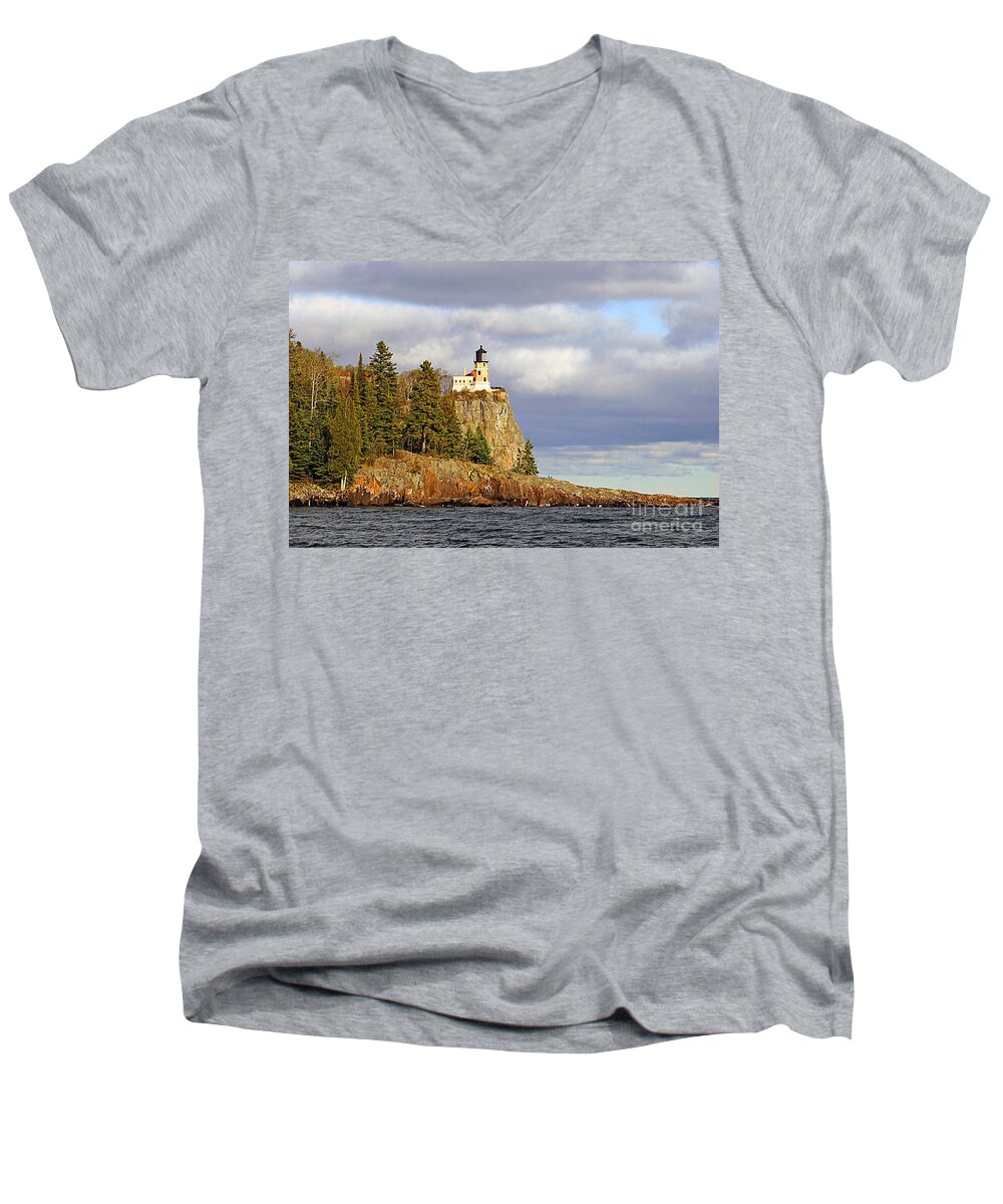 Split Men's V-Neck T-Shirt featuring the photograph 0376 Split Rock Lighthouse by Steve Sturgill