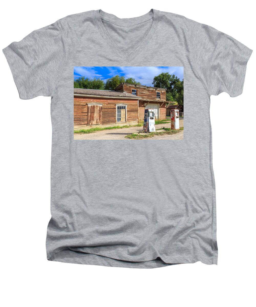 America Men's V-Neck T-Shirt featuring the photograph Abandoned mining buildings #1 by Sue Leonard