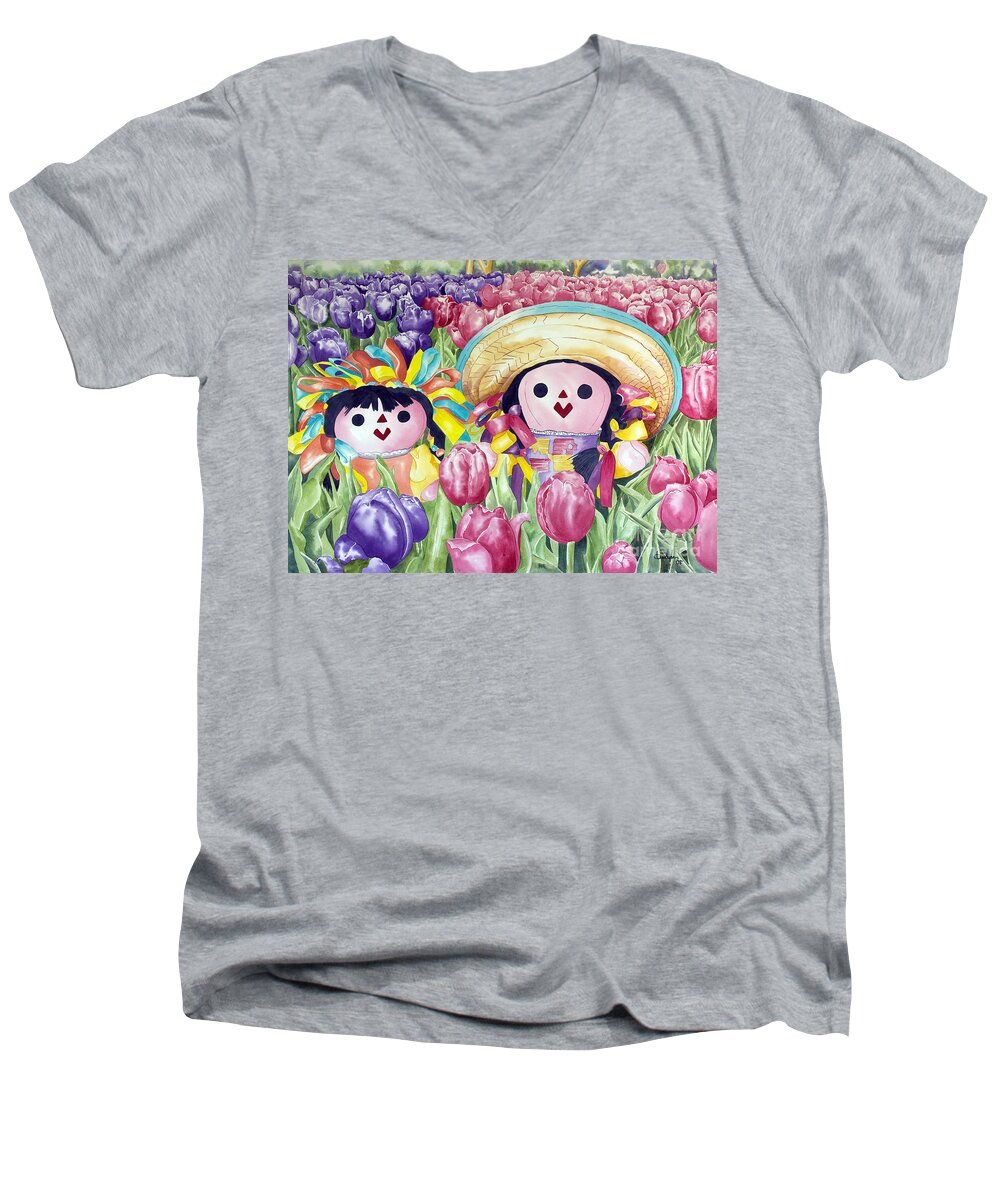 Girls Men's V-Neck T-Shirt featuring the painting Brings May Flowers by Kandyce Waltensperger
