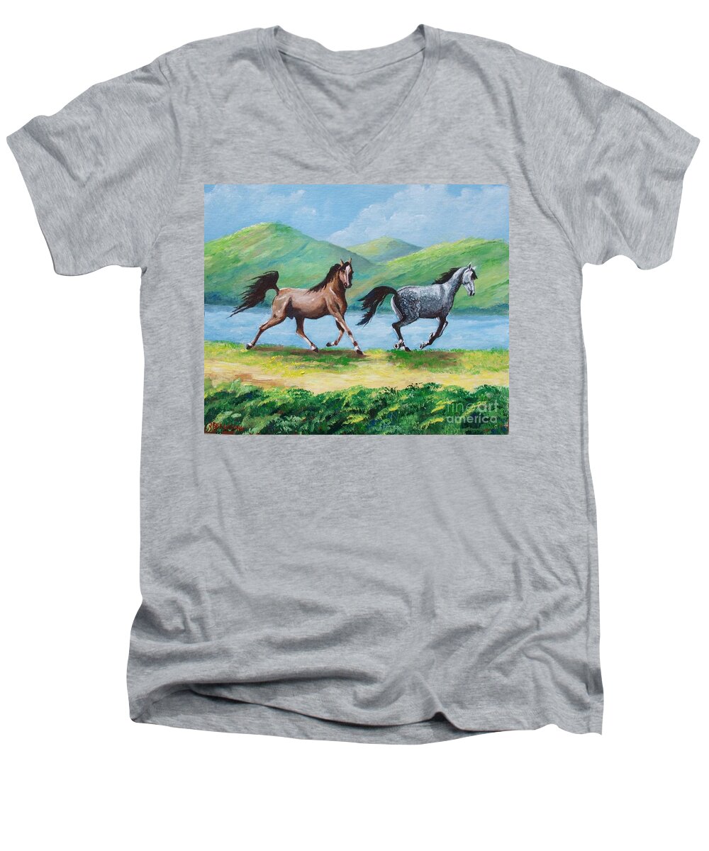 Colt Men's V-Neck T-Shirt featuring the painting Colt and mare by Jean Pierre Bergoeing