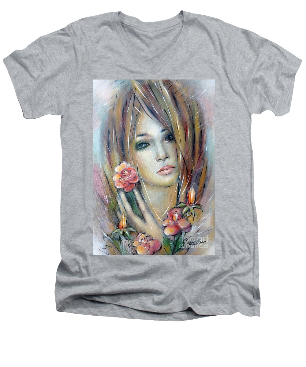 Girl Men's V-Neck T-Shirt featuring the painting Doll With Roses 010111 #1 by Selena Boron